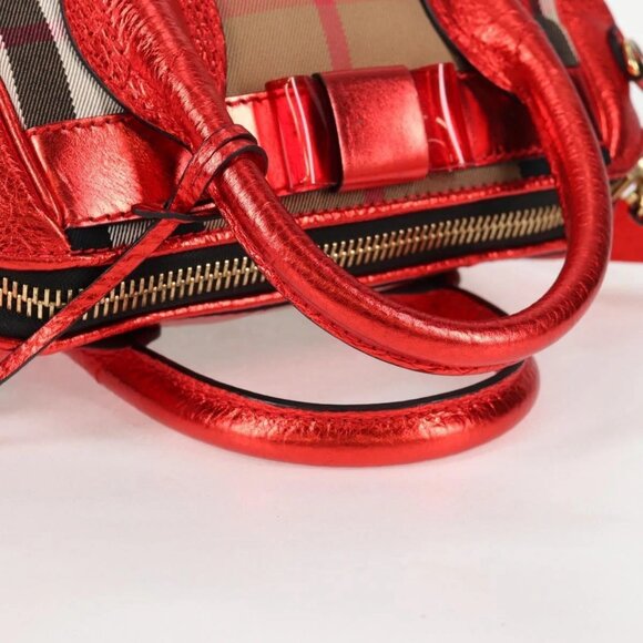 BURBERRY Nova Check Hand Bag Canvas Leather 2way Red Gold Auth - Picture 7 of 16